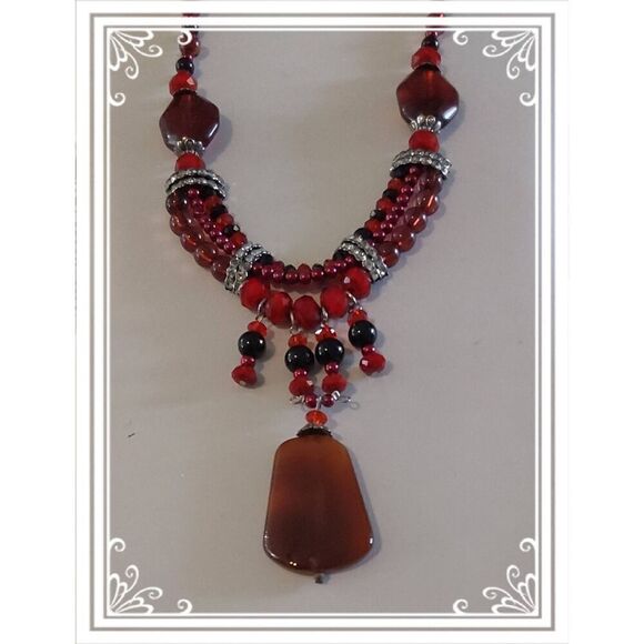 Gorgeous Genuine Red Carnelian & Black Onyx Rhinestone Accent Drop Necklace - Picture 2 of 3